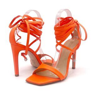 NEW Schutz Bryce Leather Stiletto Sandals Acid Orange Lace-Up Sandals Size 5